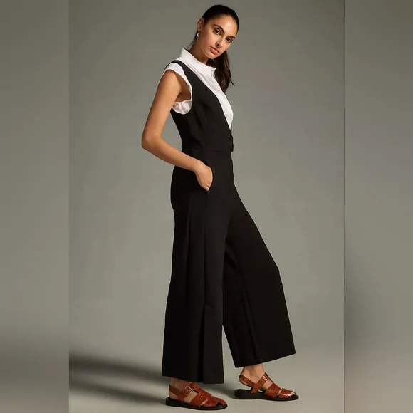 Anthropologie Maeve V-Neck Pinafore Wide-Leg Jumpsuit Black Size 10 - Picture 2 of 7